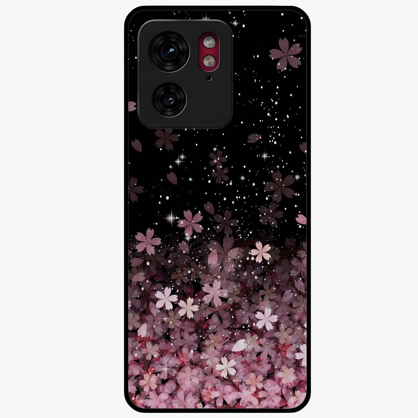 Small Starry Flowers Glass Case showing flat back view with delicate starry floral artwork and glossy glass finish.