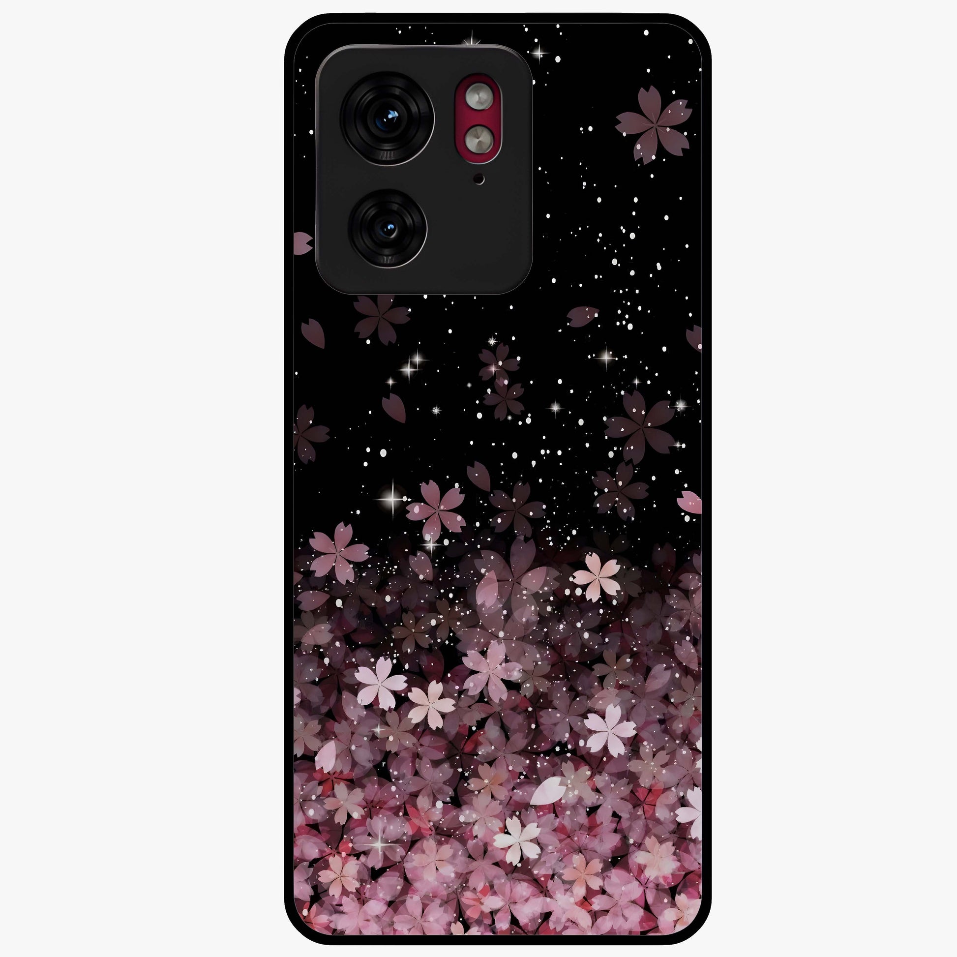 Small Starry Flowers Glass Case showing flat back view with delicate starry floral artwork and glossy glass finish.