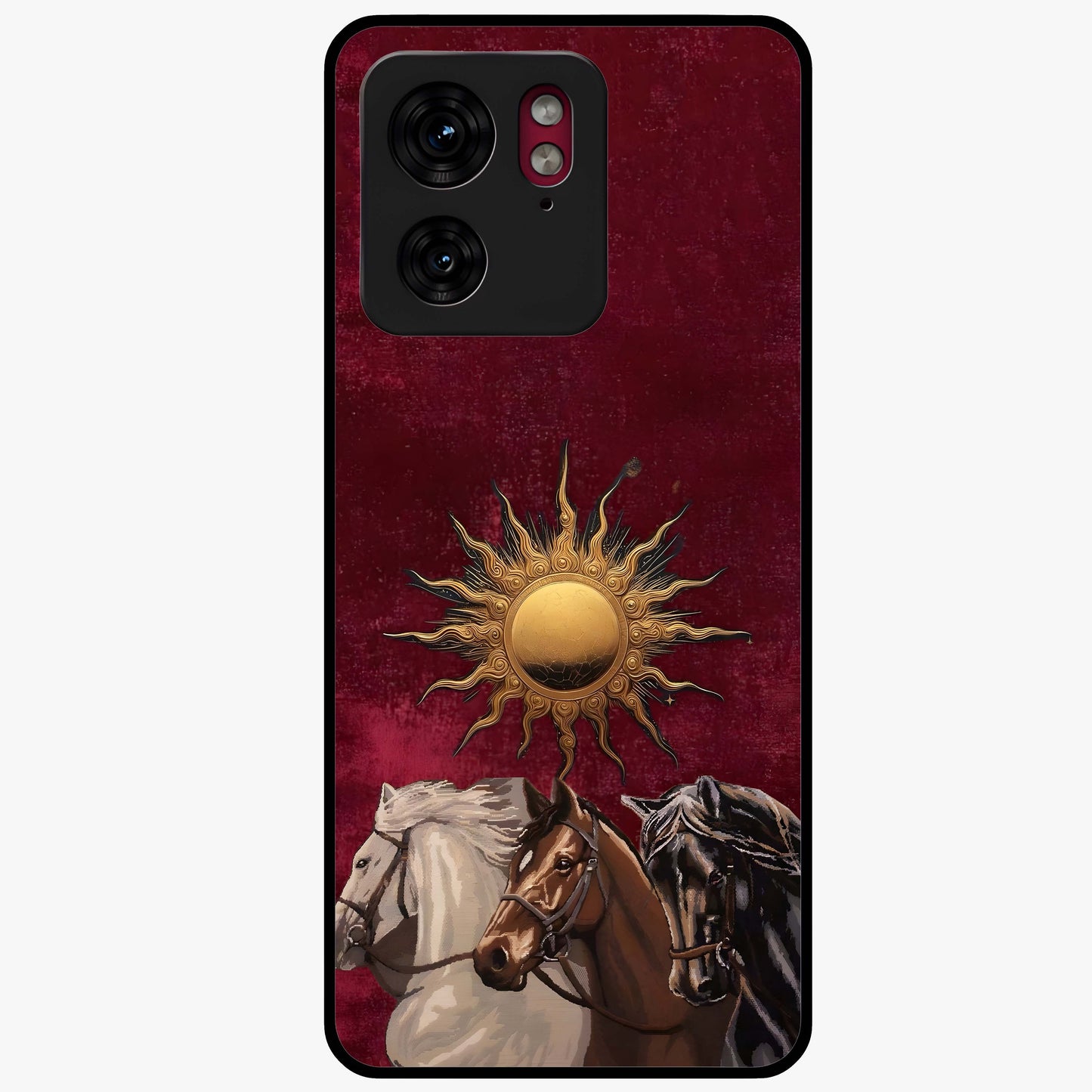Solar Riders Glass Case showing flat back view with dynamic rider themed artwork and glossy glass finish.