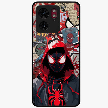 Spider Collage Street Glass Case showing flat back view with vibrant superhero collage artwork and glossy glass finish.