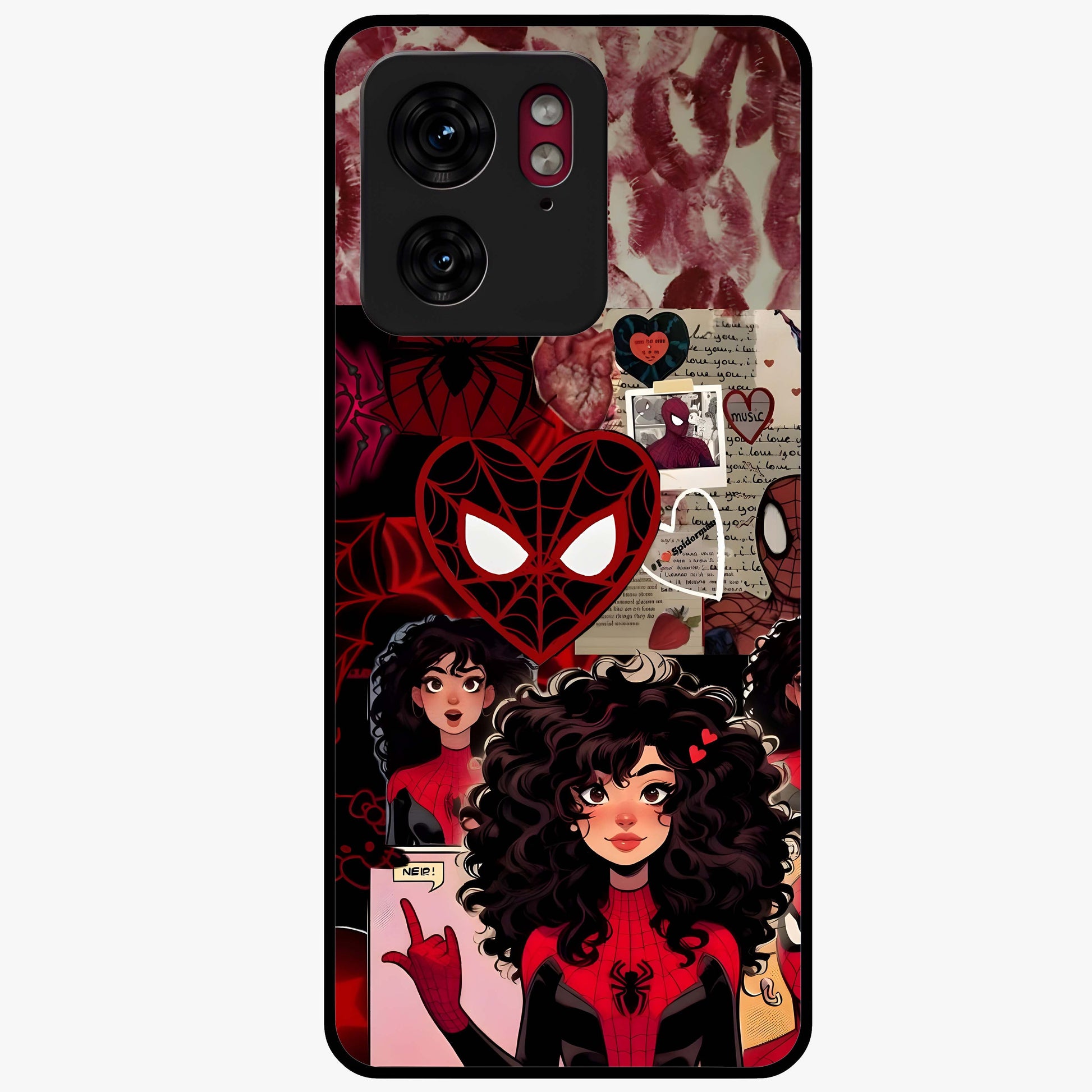Spider Love Story Glass Case showing flat back view with romantic superhero themed artwork and glossy glass finish.
