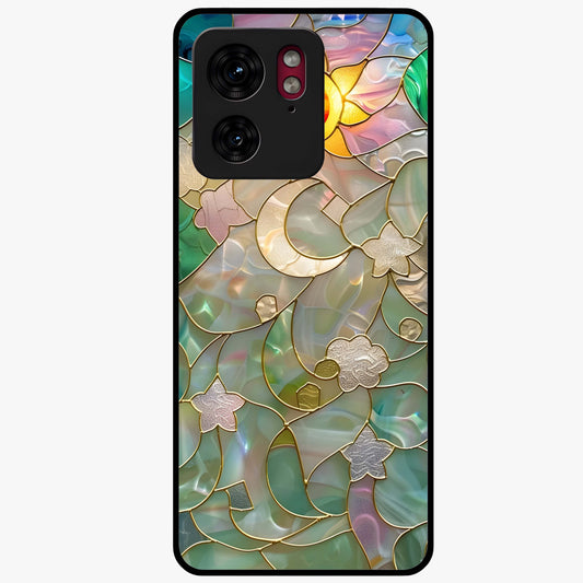 Stained Sunrise Glow Glass Case showing flat back view with glowing sunrise stained pattern artwork and glossy glass finish.