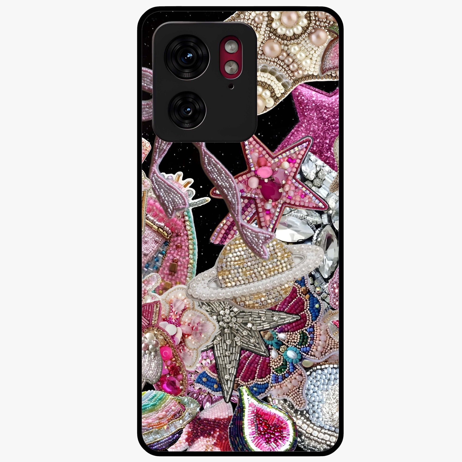 Starlit Jewel Dream Glass Case showing flat back view with sparkling jewel and star themed artwork and glossy glass finish.