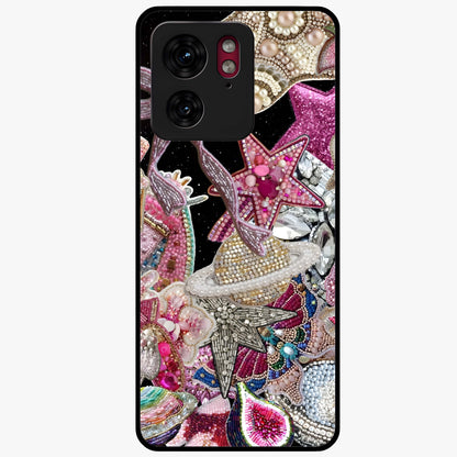 Starlit Jewel Dream Glass Case showing flat back view with sparkling jewel and star themed artwork and glossy glass finish.
