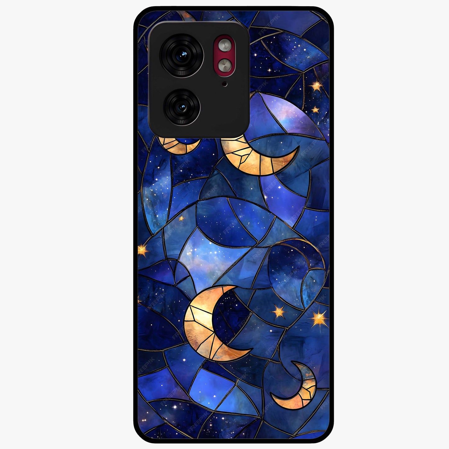 Starlit Sky Tapestry Glass Case showing flat back view with decorative starry sky tapestry artwork and glossy glass finish.
