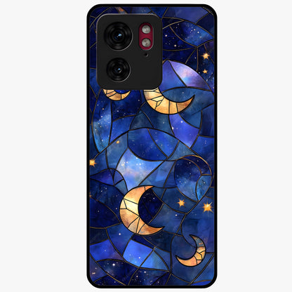 Starlit Sky Tapestry Glass Case showing flat back view with decorative starry sky tapestry artwork and glossy glass finish.