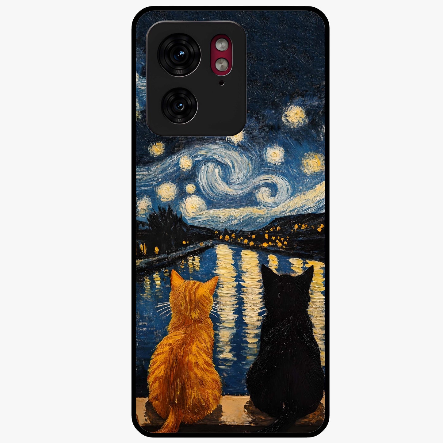 Starry River Cats Glass Case showing flat back view with cats by a starry river artwork and glossy glass finish.