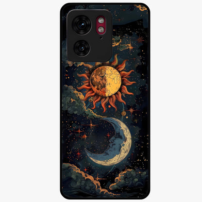 Sun And Moon Magic Design Glass Case showing flat back view with mystical sun and moon artwork and glossy glass finish.