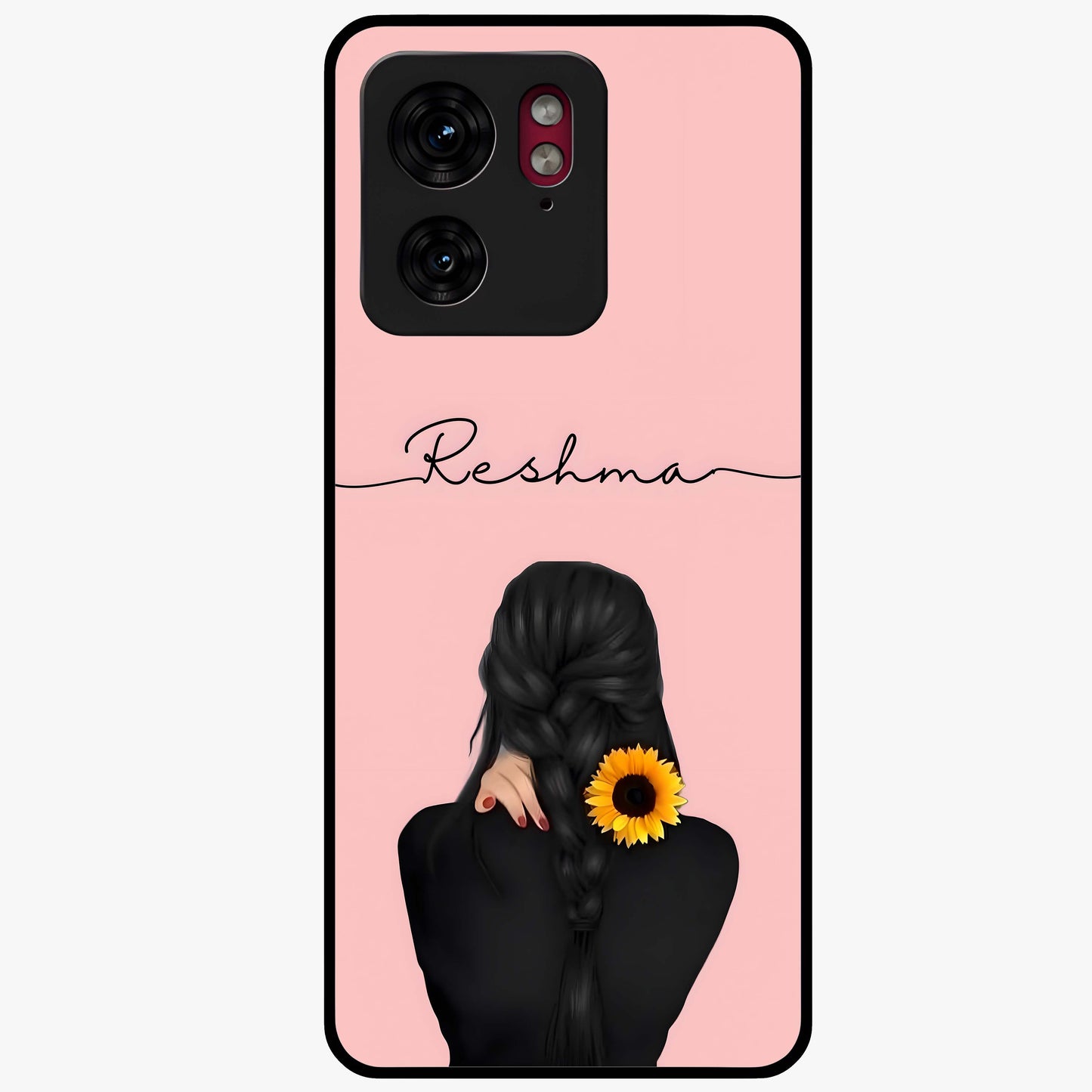 Sunflower Braid Beauty With Custom Name Glass Case showing flat back view with sunflower braid artwork and personalized name design.