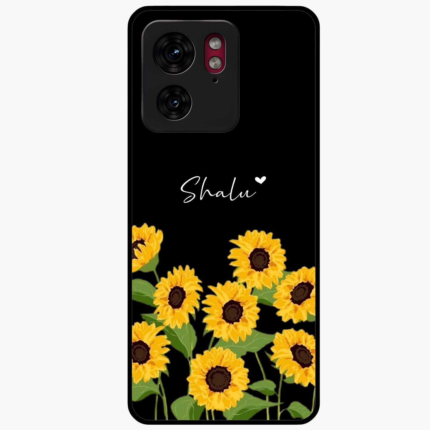 Sunflower Chic Mood Custom Name Glass Case showing flat back view with stylish sunflower artwork and personalized name design.