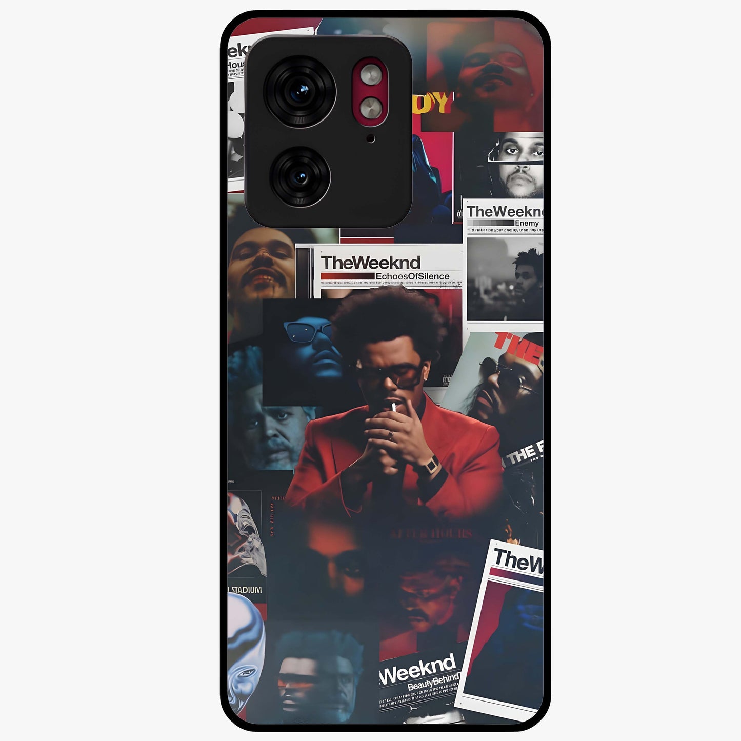 The Weeknd Glass Case showing flat back view with music inspired artistic portrait artwork and glossy glass finish.