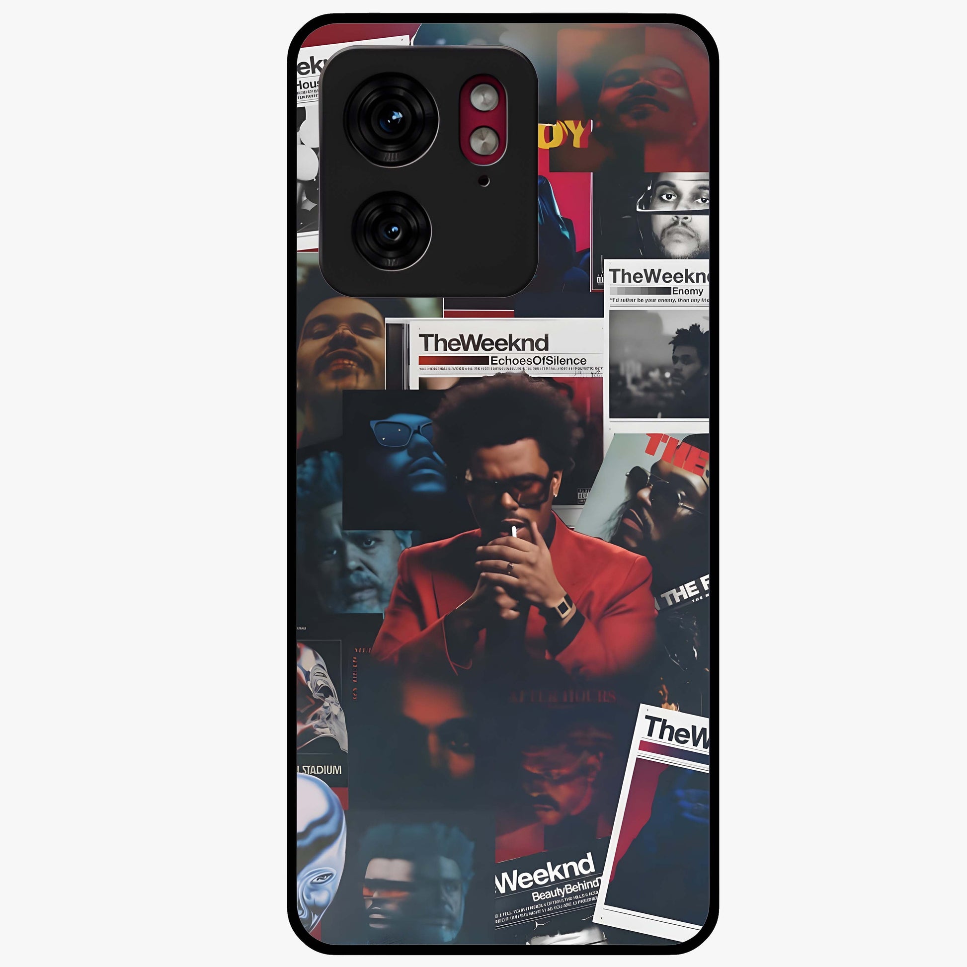 The Weeknd Glass Case showing flat back view with music inspired artistic portrait artwork and glossy glass finish.