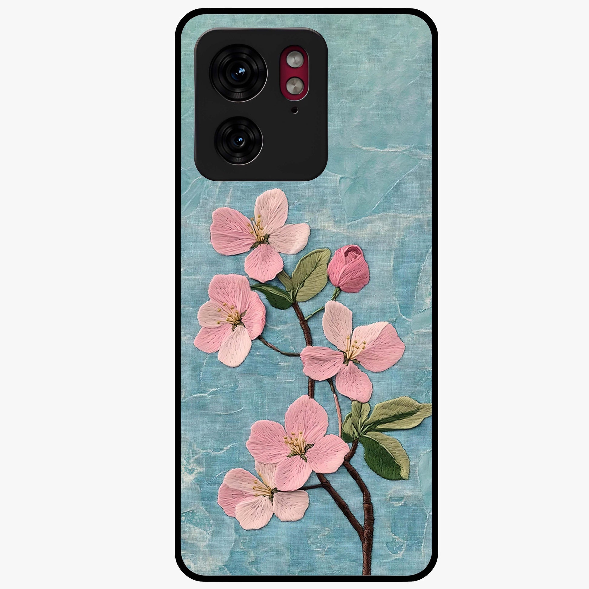 Threaded Blossom Breeze Glass Case showing flat back view with delicate blossom artwork and glossy glass finish.