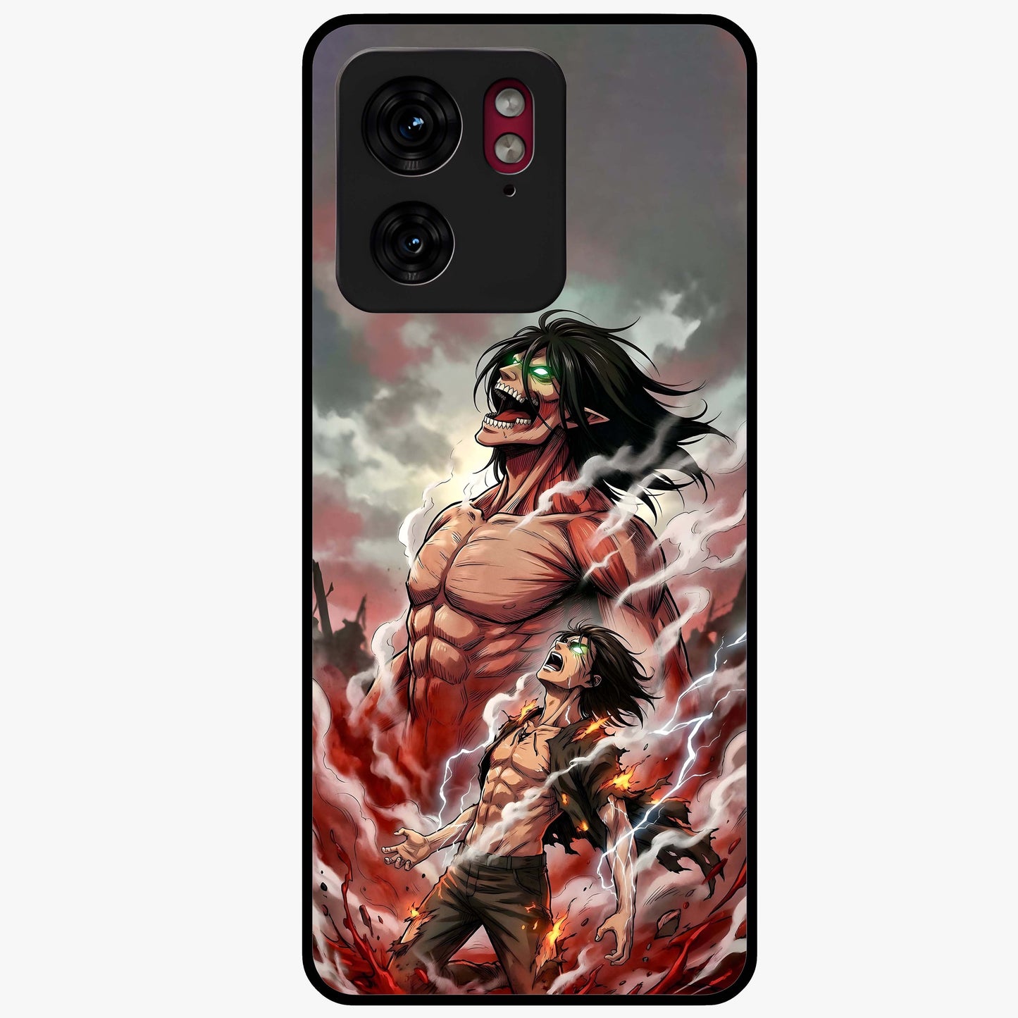 Titan Awakening Fury Glass Case showing flat back view with powerful titan inspired artwork and glossy glass finish.
