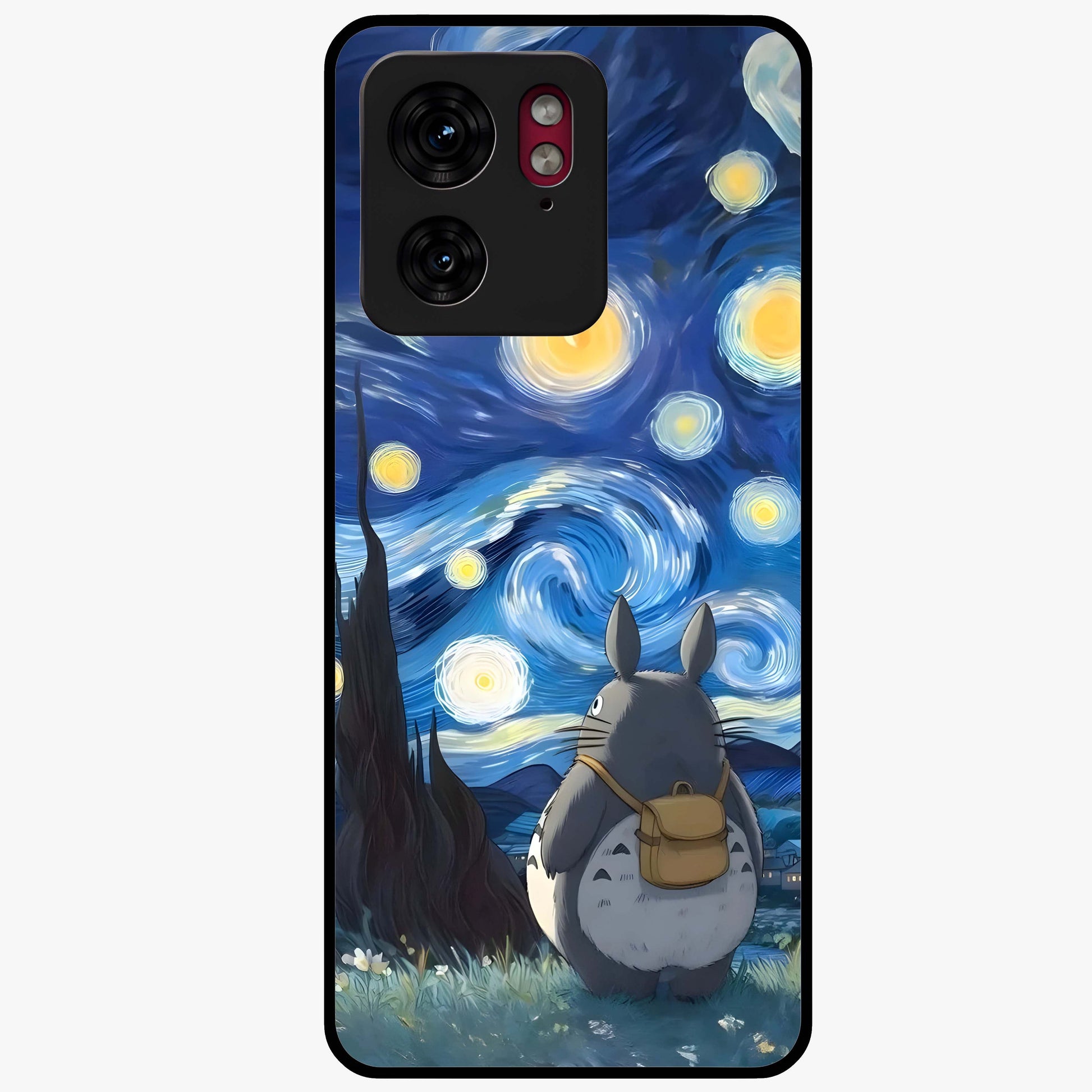 Totoro In Van Gogh Art Glass Case showing flat back view with whimsical character artwork inspired by Van Gogh style and glossy glass finish.
