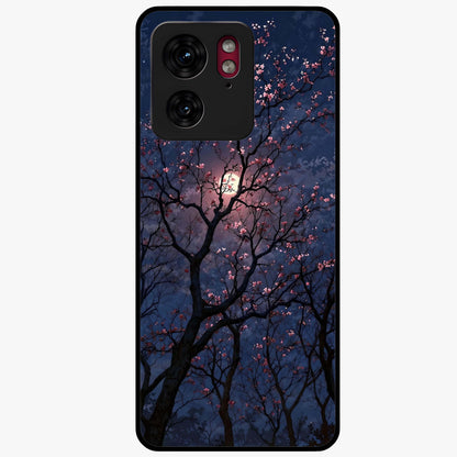Twilight Sakura Serenade Glass Case showing flat back view with cherry blossom artwork at twilight and glossy glass finish.