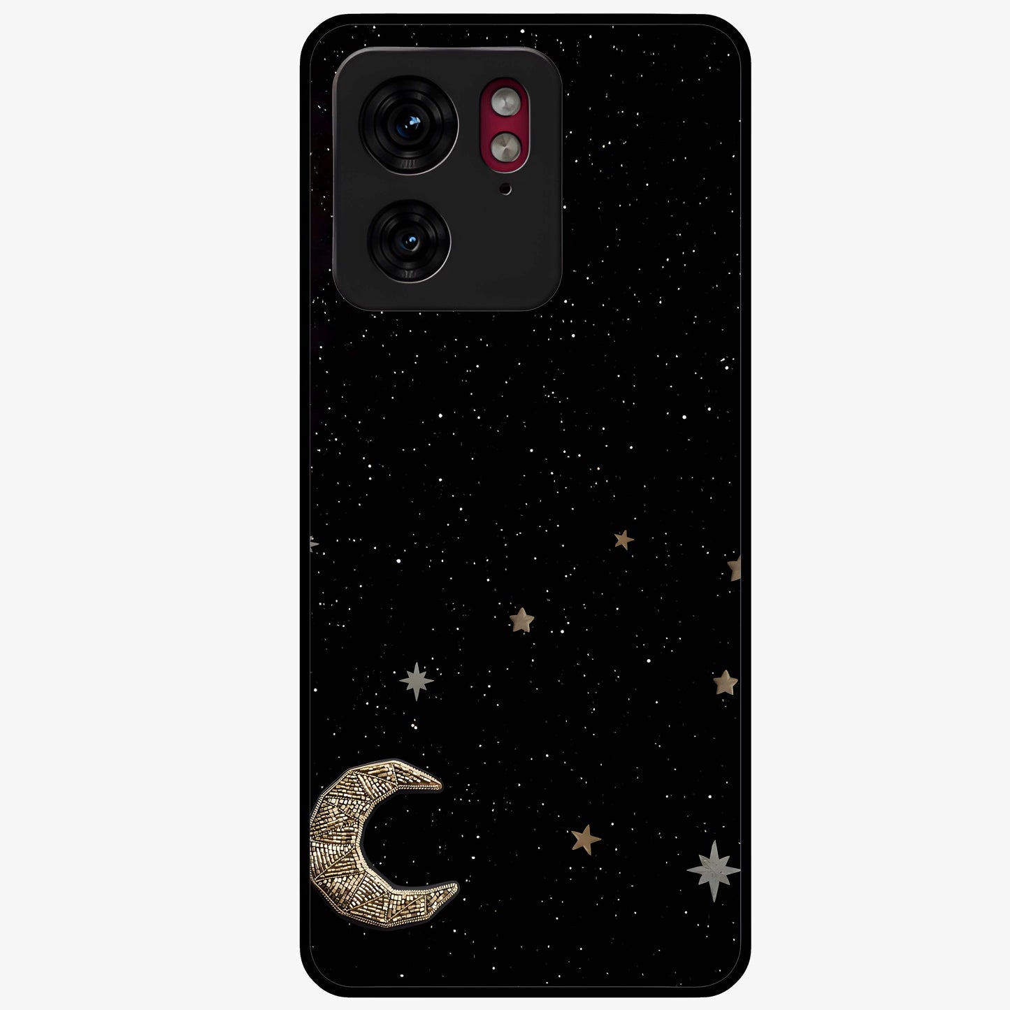 Twinkle Star With Half Moon Glass Case showing flat back view with star and half moon artwork and glossy glass finish.