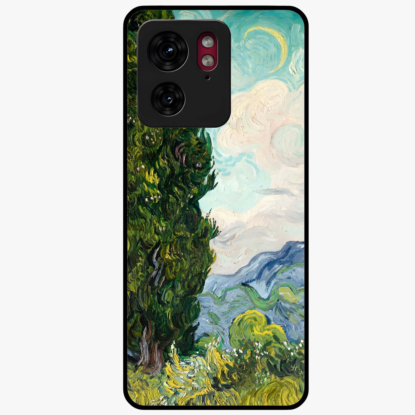 Van Gogh Vintage Art Glass Case showing flat back view with vintage painterly artwork inspired by Van Gogh style and glossy glass finish.