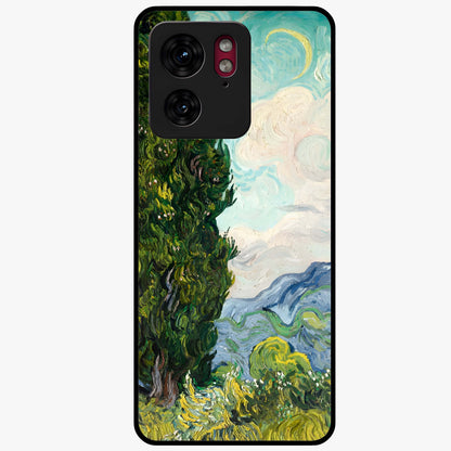 Van Gogh Vintage Art Glass Case showing flat back view with vintage painterly artwork inspired by Van Gogh style and glossy glass finish.