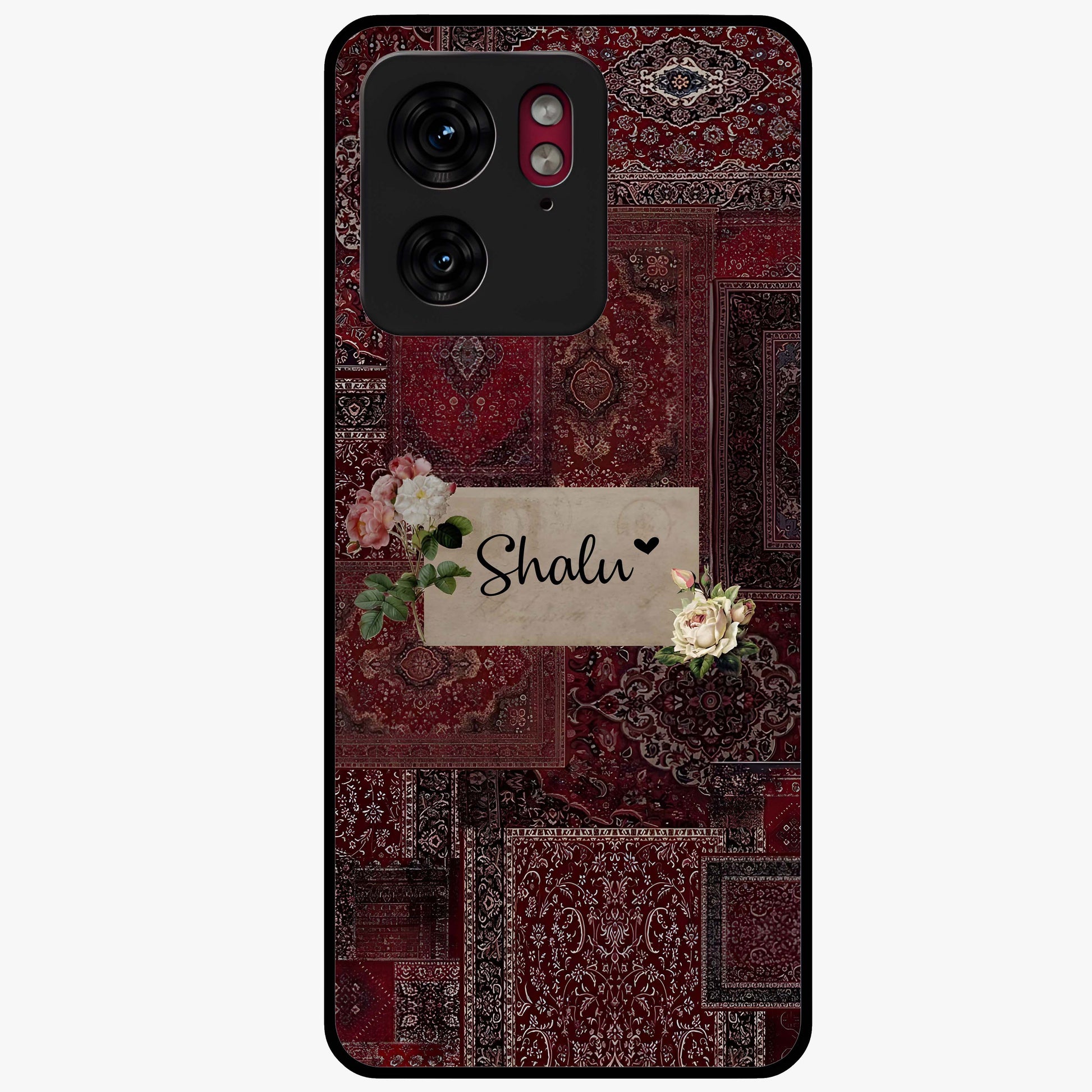 Velvet Wine Pattern Custom Name Glass Case showing flat back view with elegant wine colored pattern artwork and personalized name design.
