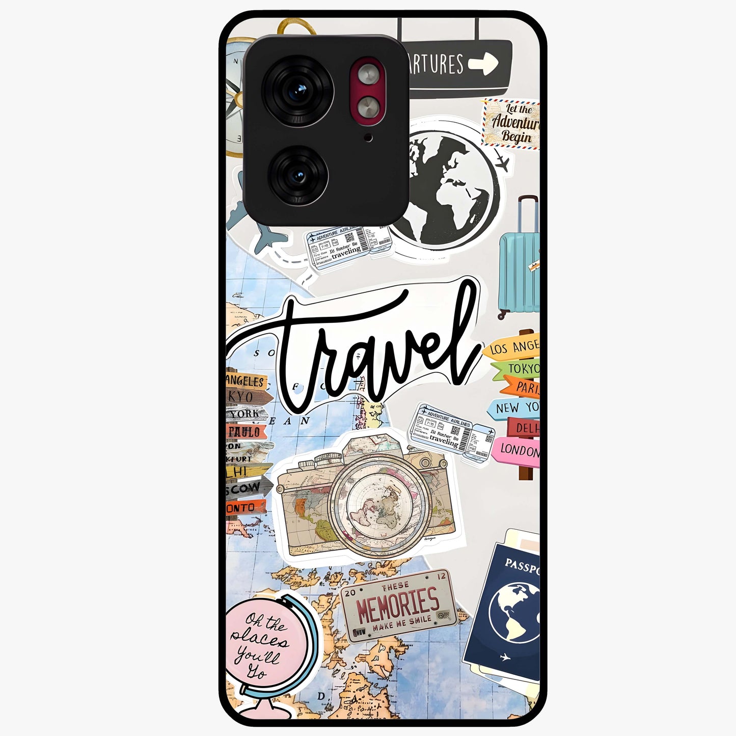 Wanderlust Journal Glass Case showing flat back view with travel inspired artwork and glossy glass finish.