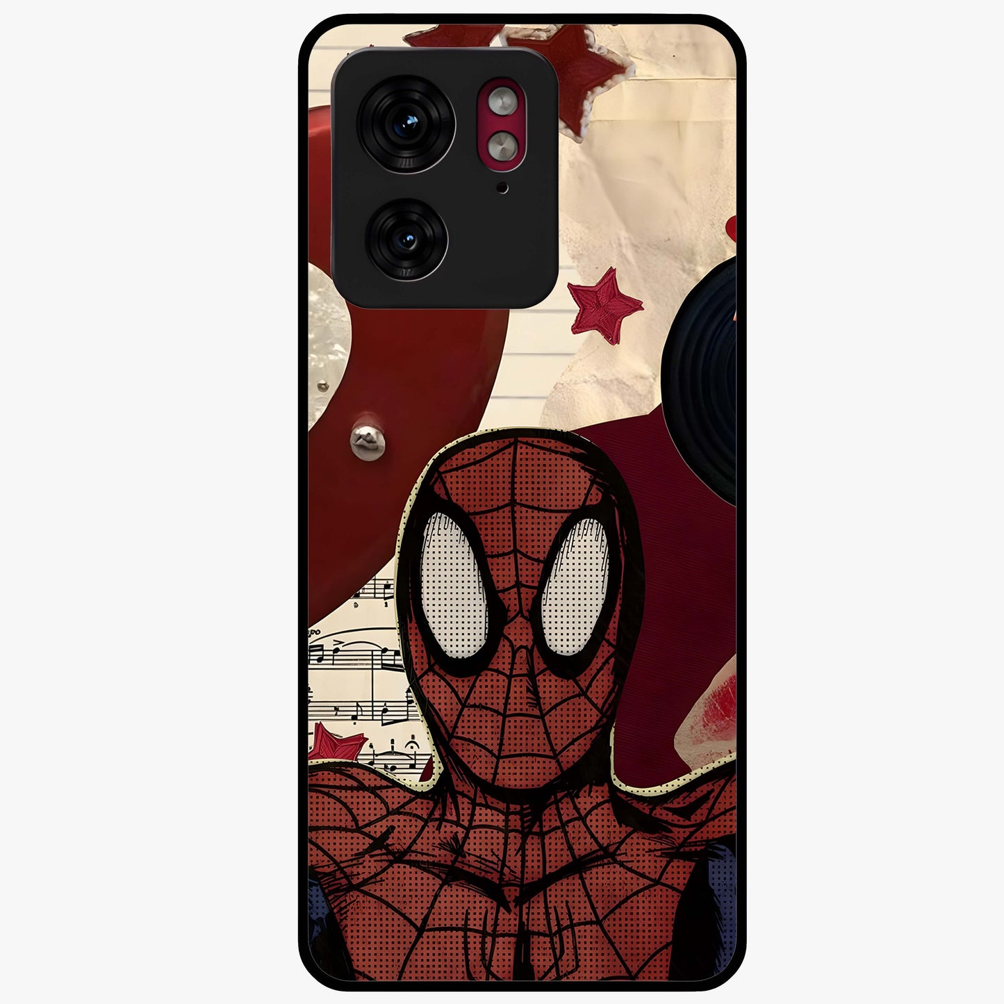 Web Warrior Vibes Glass Case showing flat back view with superhero inspired web themed artwork and glossy glass finish.
