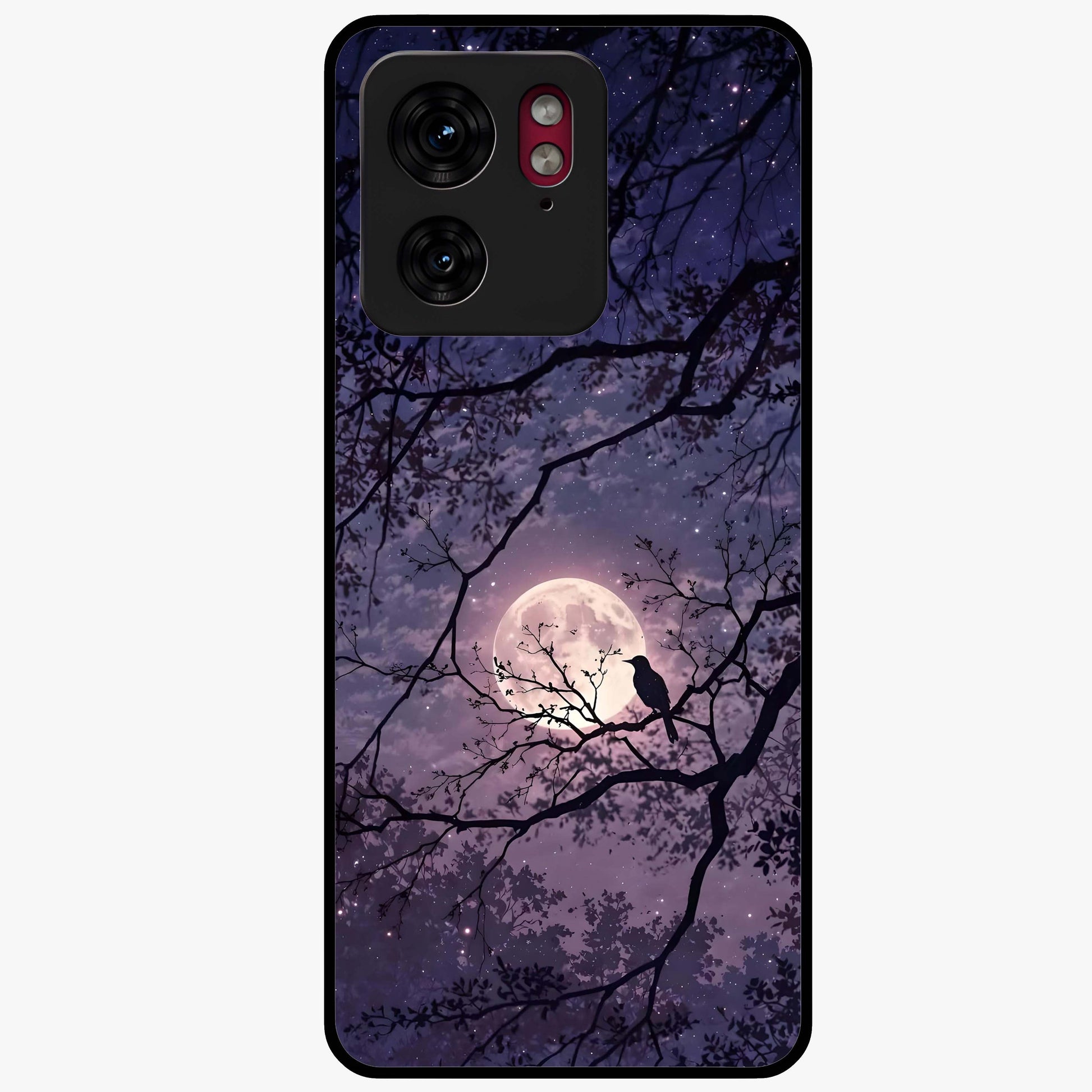 Whispering Moon Silence Glass Case showing flat back view with serene moon themed artwork and glossy glass finish.