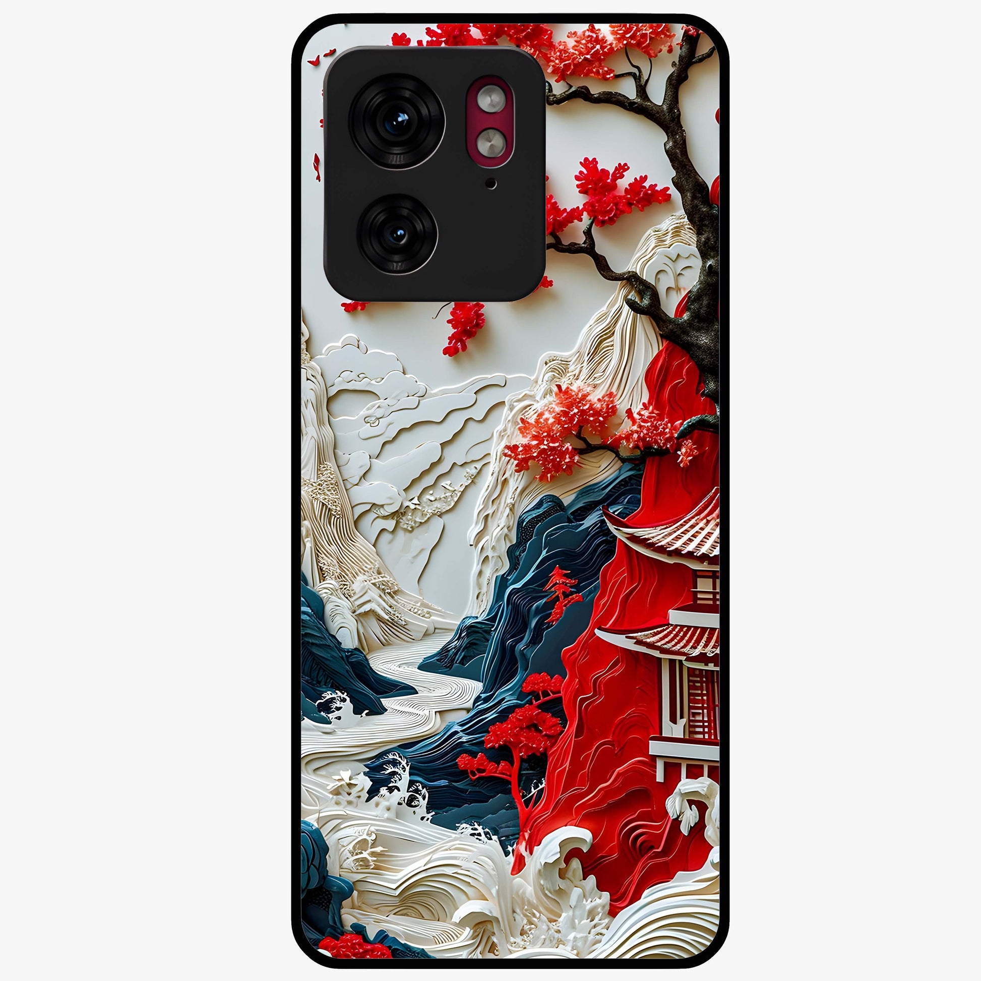 Whispers Of Sakura Waves Glass Case showing flat back view with cherry blossom wave artwork and glossy glass finish.