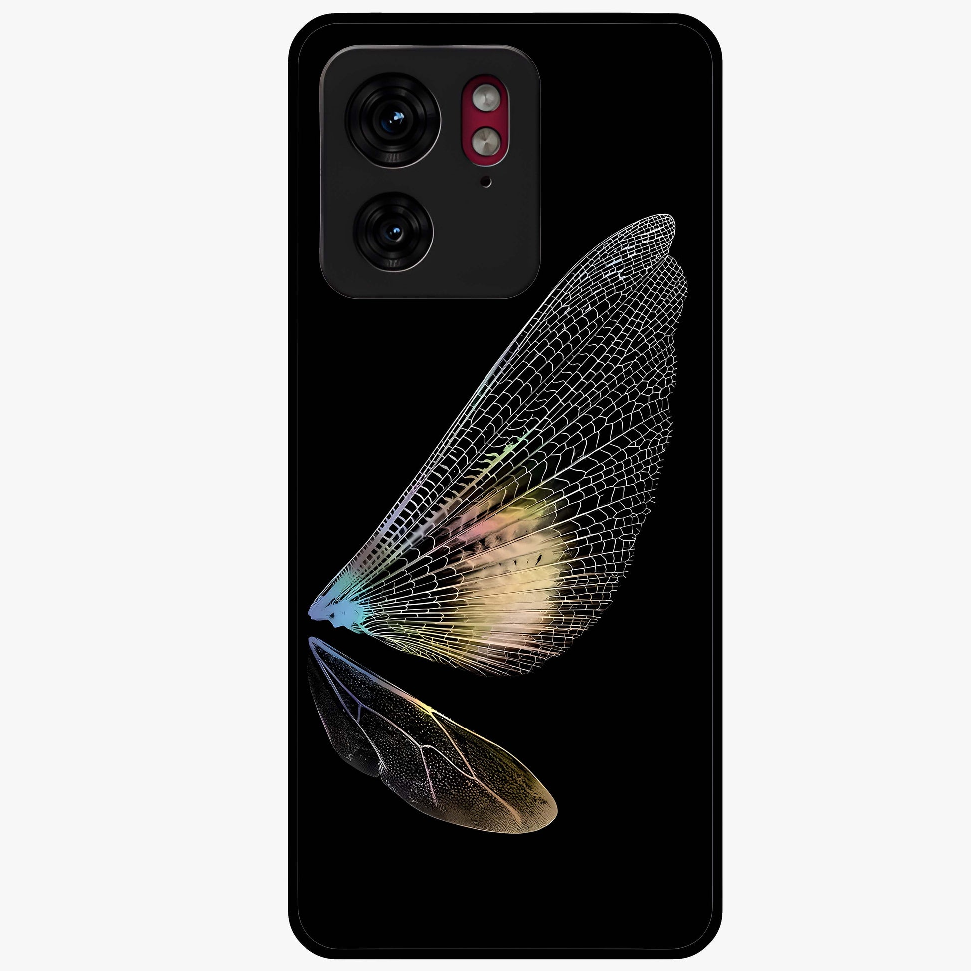 Whispers Of Wings Glass Case showing flat back view with graceful wing inspired artwork and glossy glass finish.