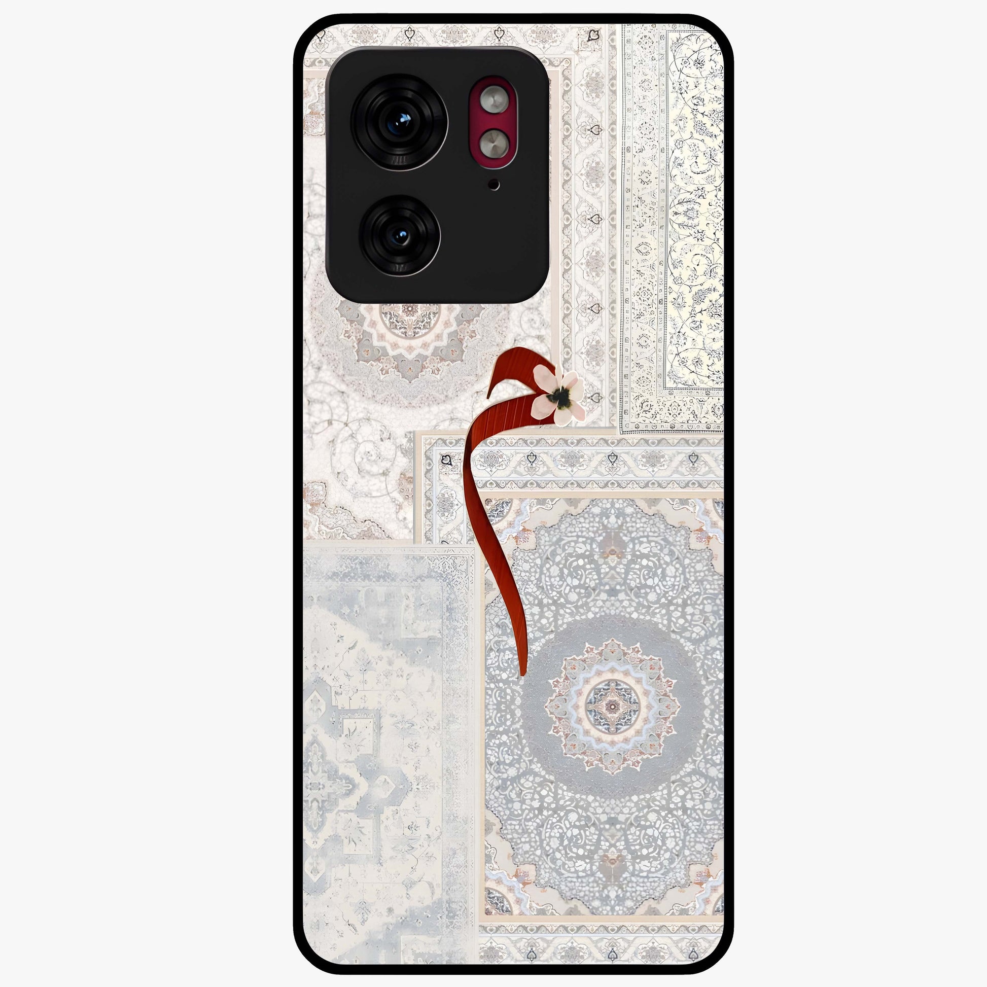 White Aesthetic Bow Glass Case showing flat back view with minimal bow artwork and glossy glass finish.