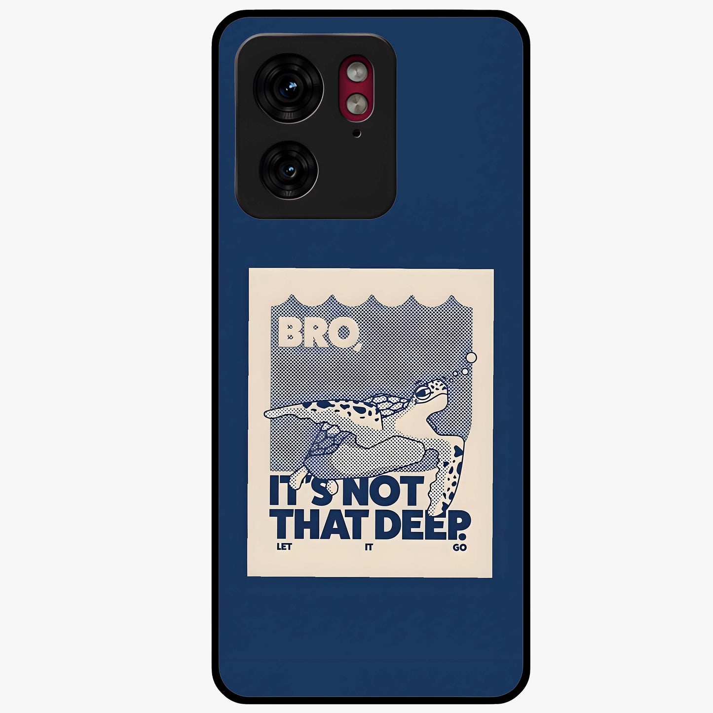 Worry Less Swim Glass Case showing flat back view with playful motivational artwork and glossy glass finish.
