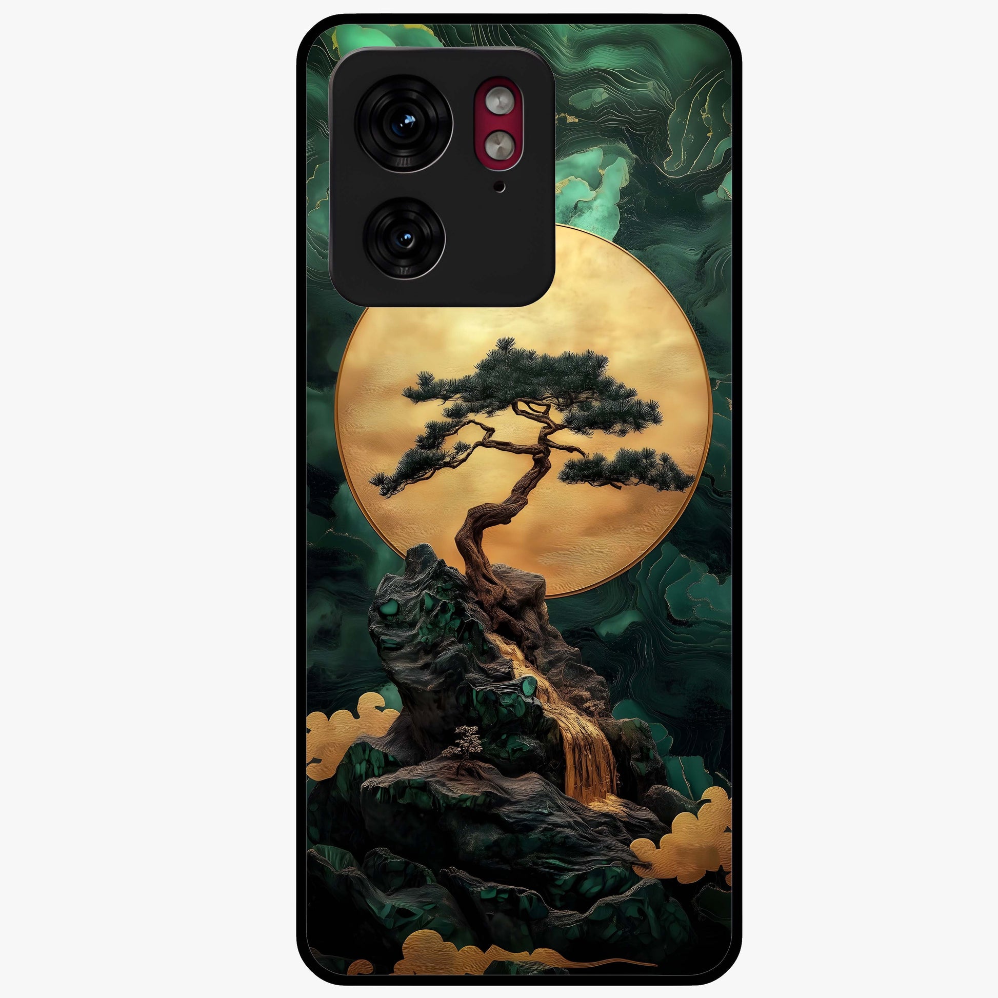 Zen Moon Rise Glass Case showing flat back view with calm moonrise artwork and glossy glass finish.