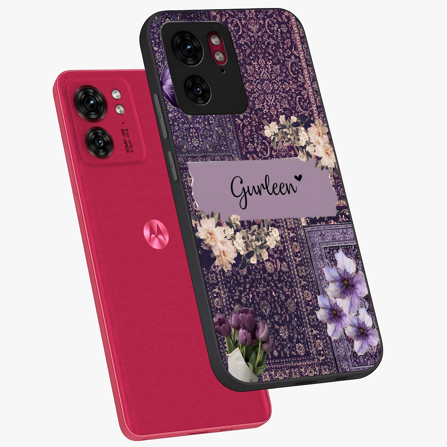 Antique Floral Whisper Custom Name Glass Case displayed in angled mockup highlighting elegant antique floral aesthetic.
