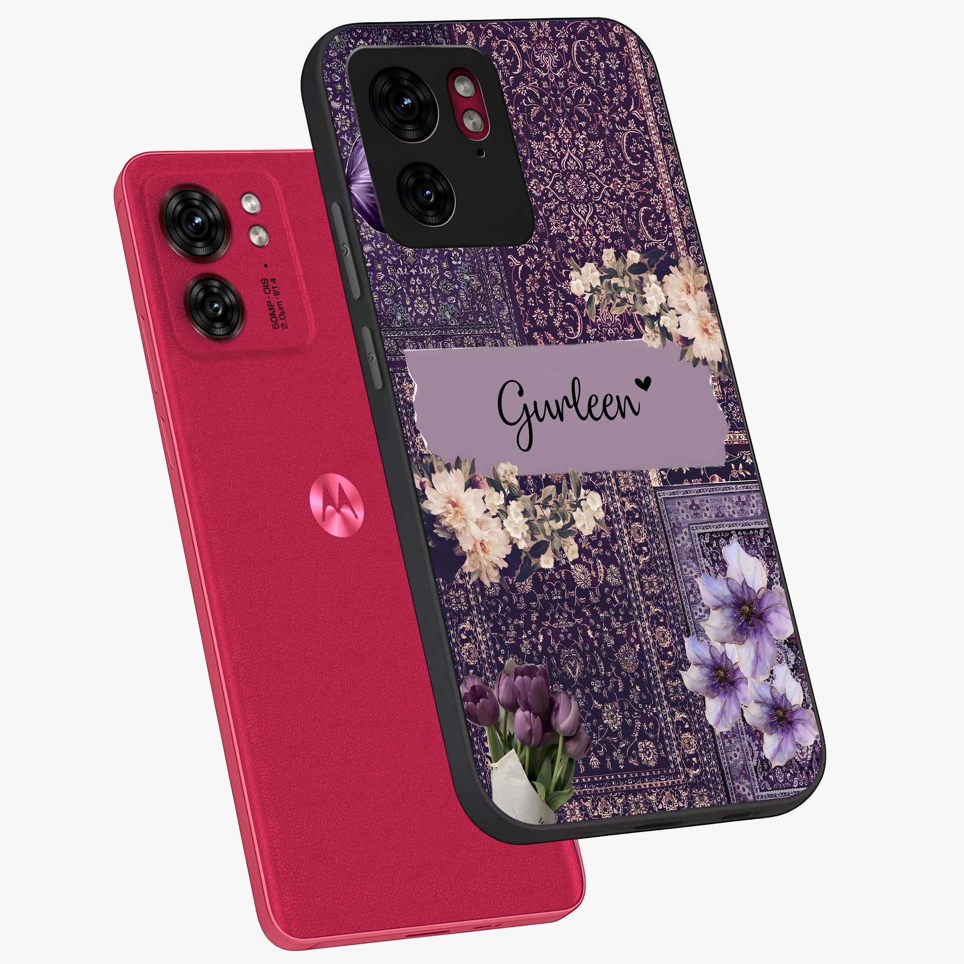 Antique Floral Whisper Custom Name Glass Case displayed in angled mockup highlighting elegant antique floral aesthetic.