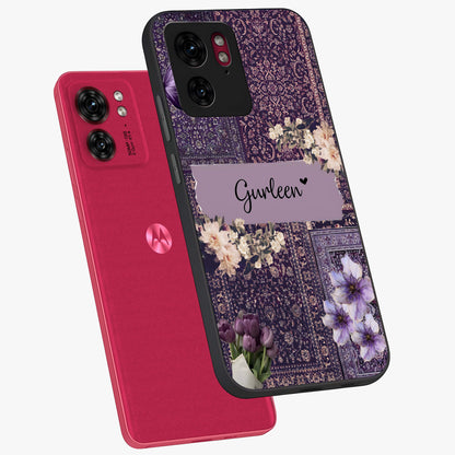 Antique Floral Whisper Custom Name Glass Case displayed in angled mockup highlighting elegant antique floral aesthetic.