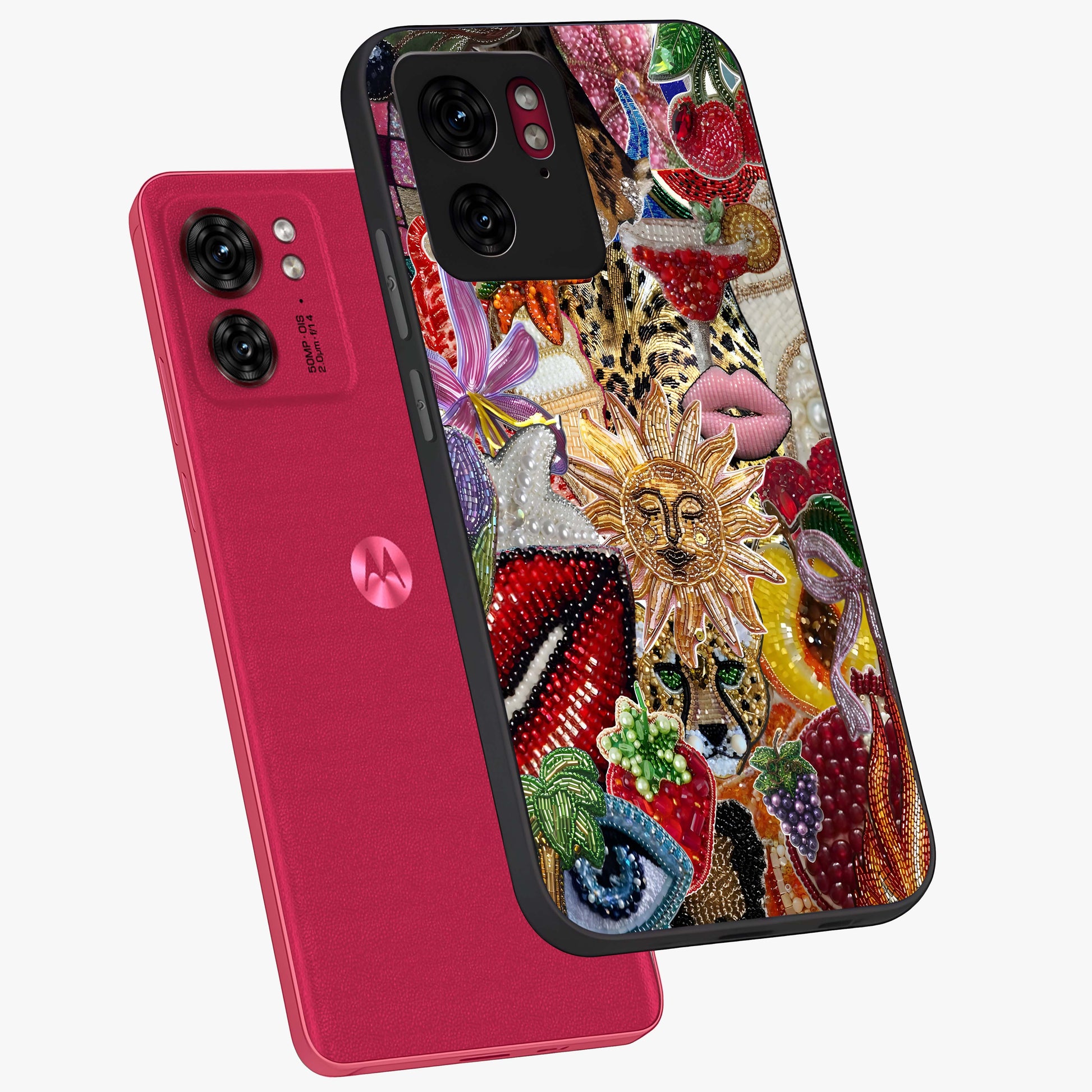 Beaded Fashion Jungle Glass Case displayed in angled mockup highlighting colorful fashion bead design and artistic pattern.