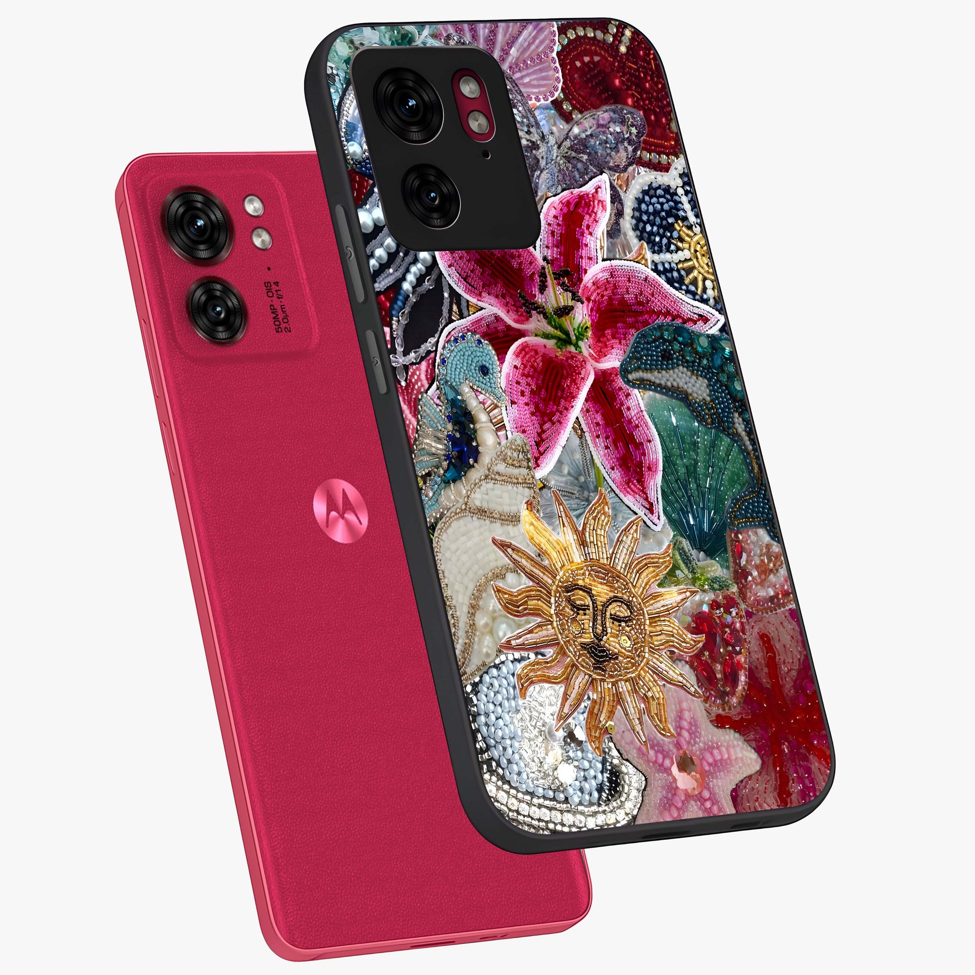 Beaded Garden Fantasy Glass Case displayed in angled mockup highlighting fantasy inspired floral bead pattern.
