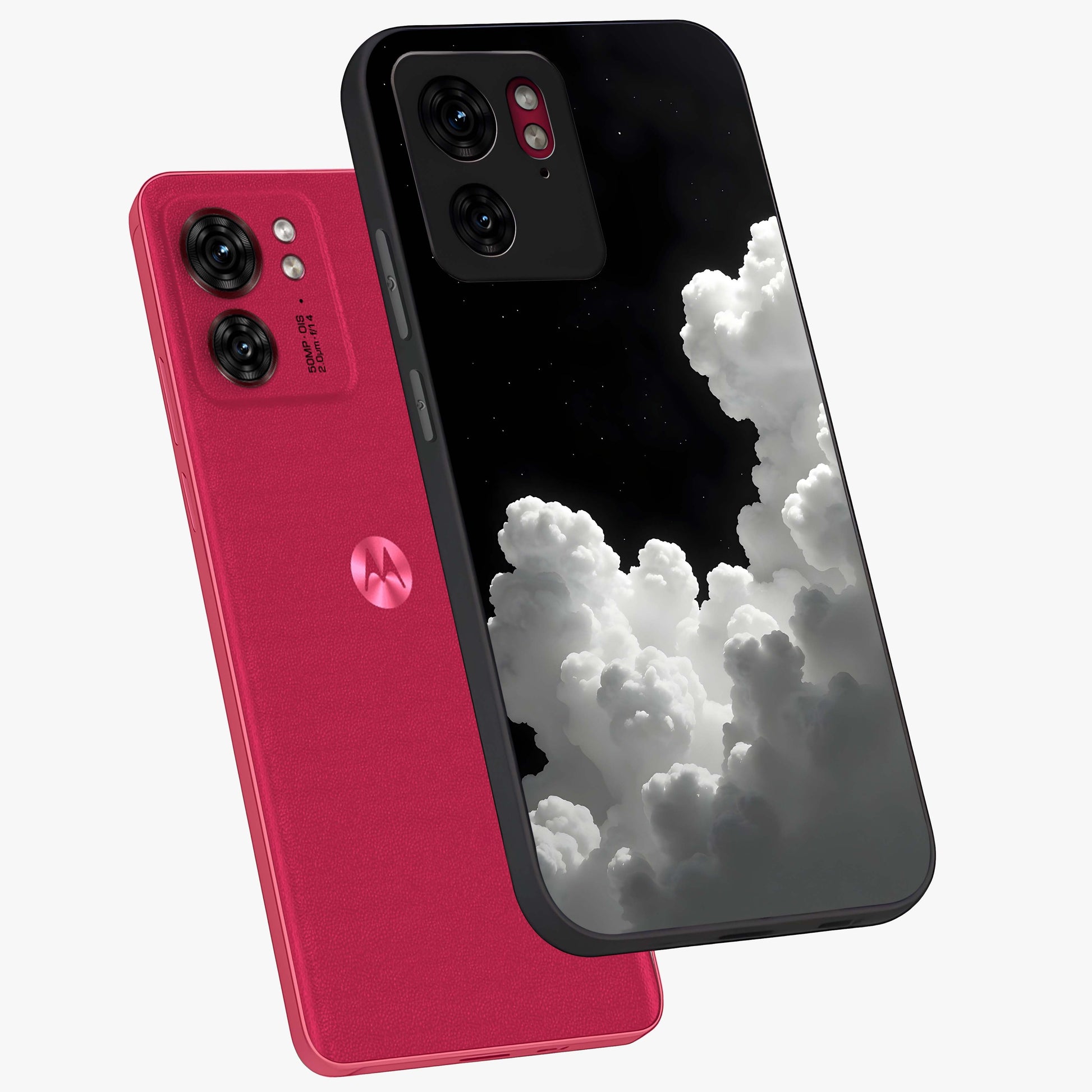 Black Background With White Cloud Glass Case displayed in angled mockup highlighting soft white cloud illustration and minimal design.