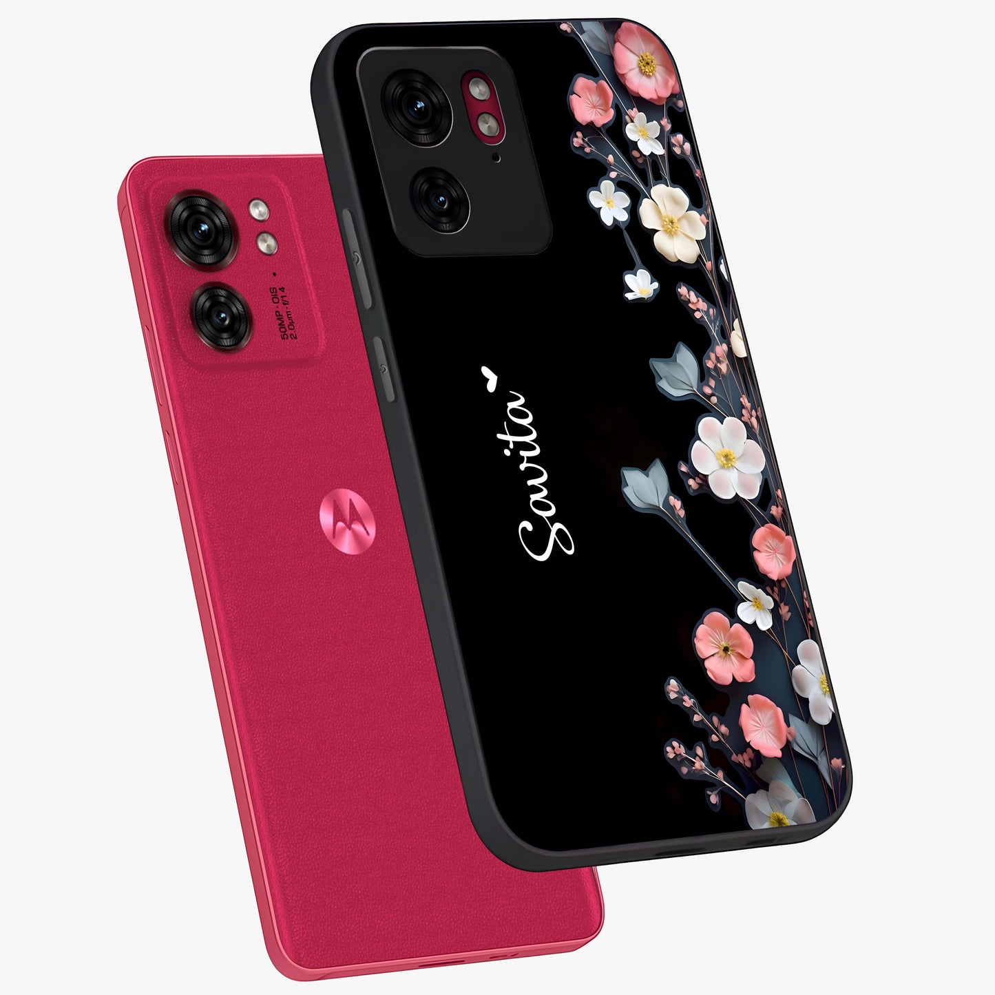 Black Elegance Floral Custom Name Glass Case displayed in angled mockup highlighting dark floral aesthetic and custom name feature.