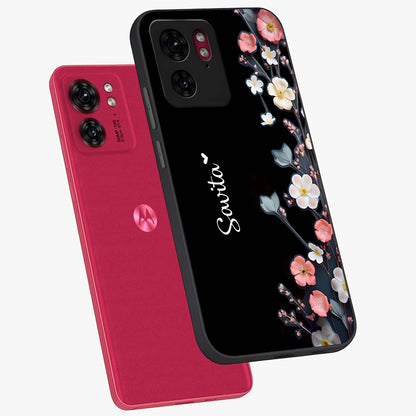 Black Elegance Floral Custom Name Glass Case displayed in angled mockup highlighting dark floral aesthetic and custom name feature.