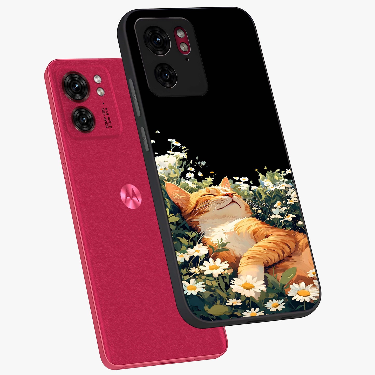 Blissful Bloom Cat Glass Case displayed in angled mockup highlighting playful feline illustration with soft floral aesthetic.