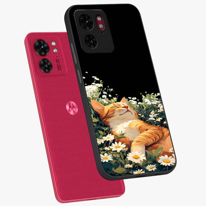 Blissful Bloom Cat Glass Case displayed in angled mockup highlighting playful feline illustration with soft floral aesthetic.