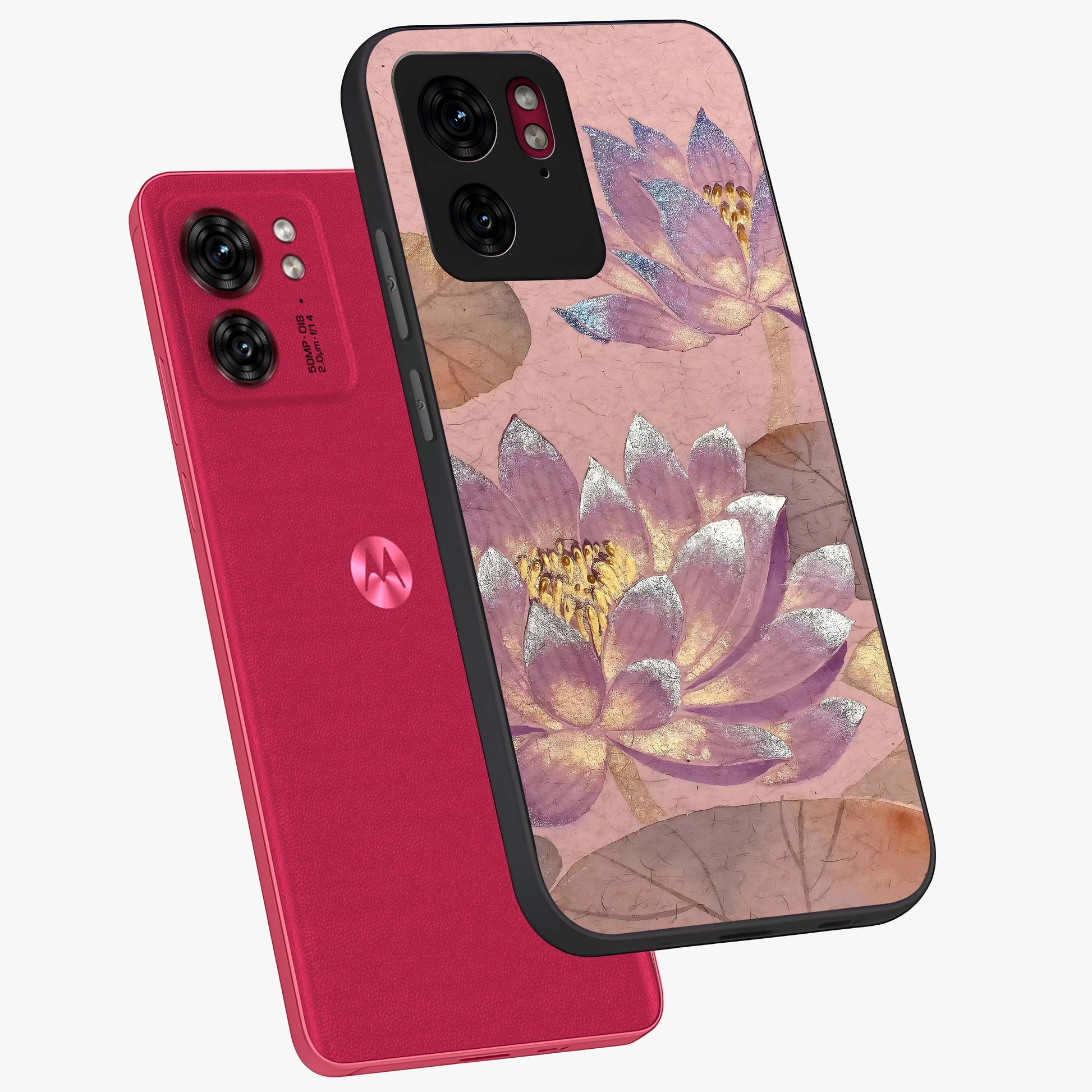 Blossom Mist Lotus Glass Case displayed in angled mockup highlighting delicate lotus illustration with calm aesthetic theme.