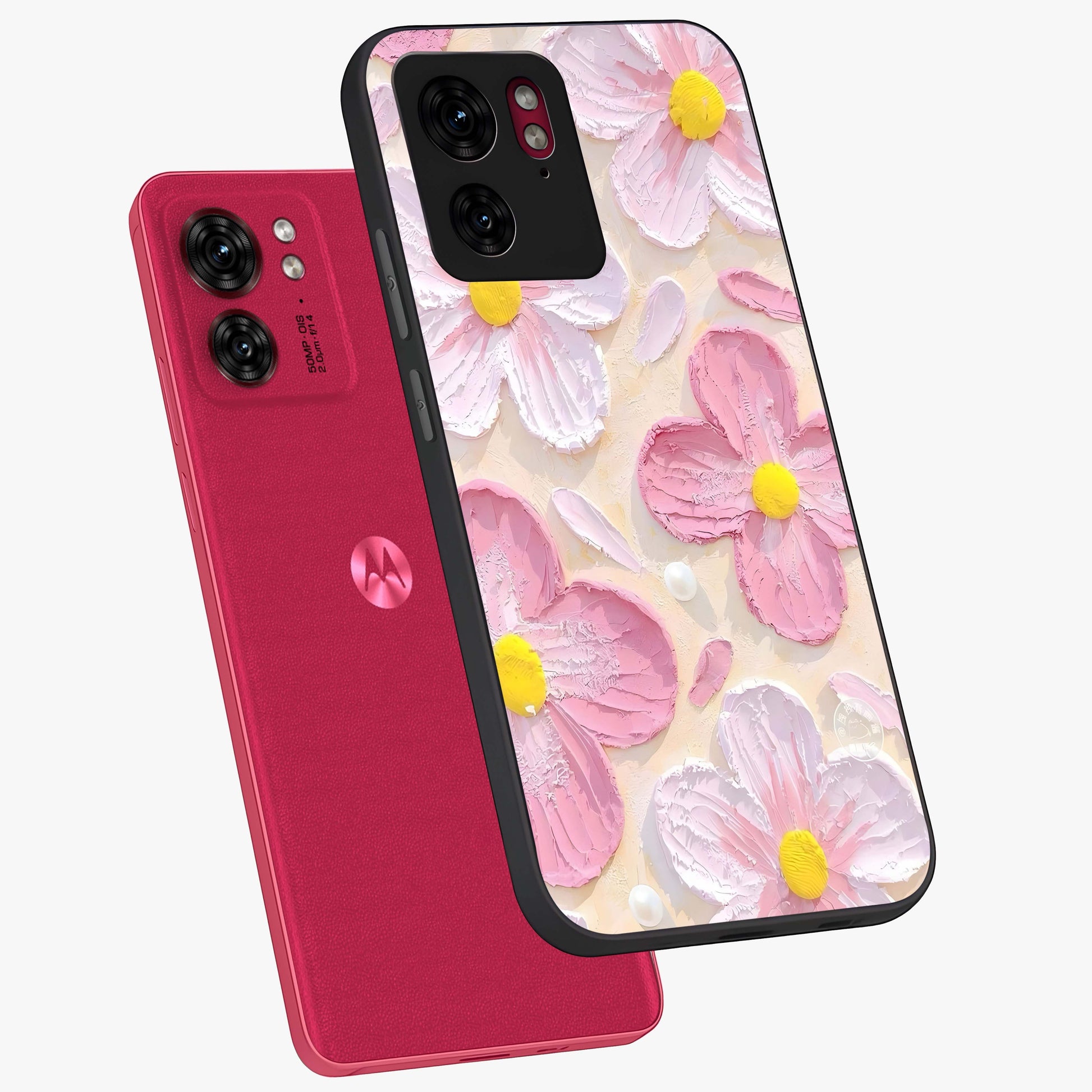 Blush Bloom Texture Glass Case displayed in angled mockup highlighting subtle bloom pattern with aesthetic pastel design.
