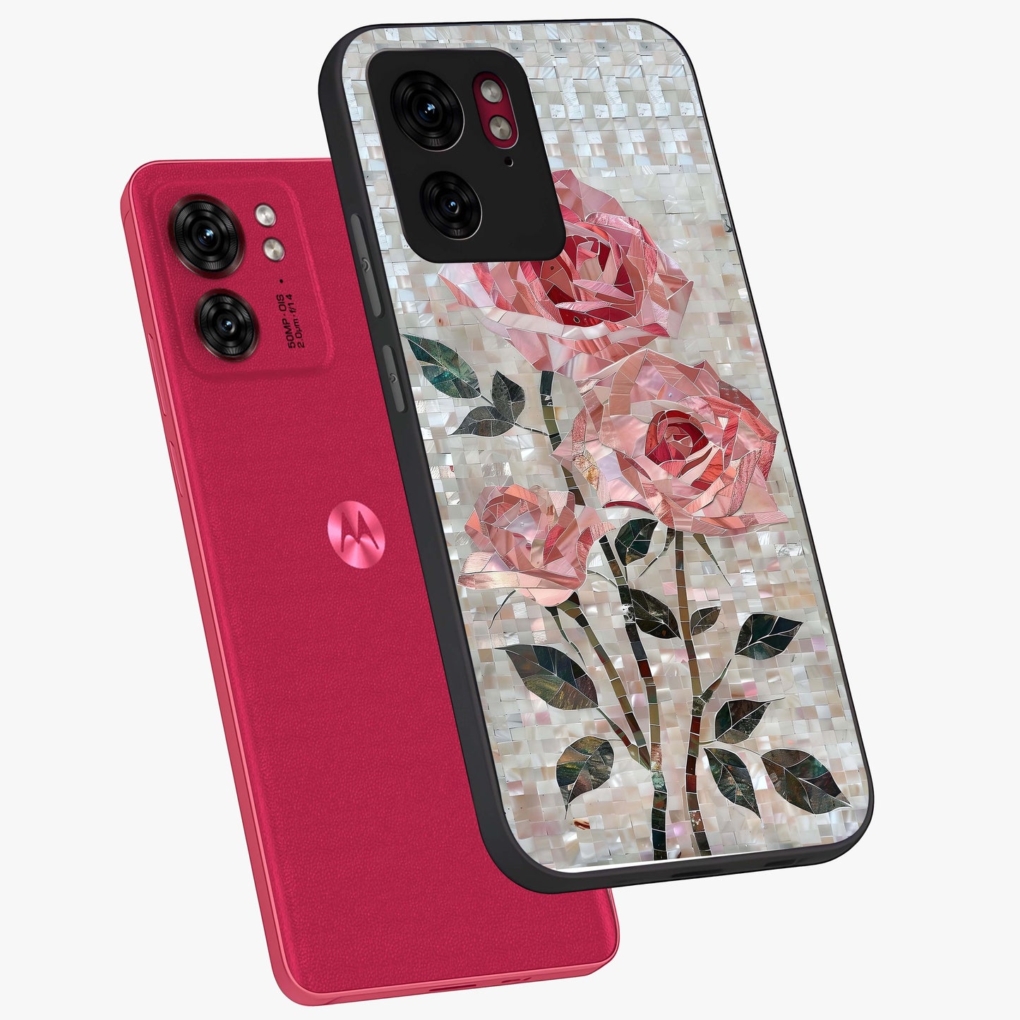 Blush Mosaic Bloom Glass Case displayed in angled mockup highlighting artistic mosaic flower pattern with aesthetic design.