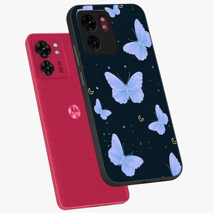 Butterfly With Stars Pattern Glass Case displayed in angled mockup highlighting dreamy butterfly and star design with aesthetic theme.