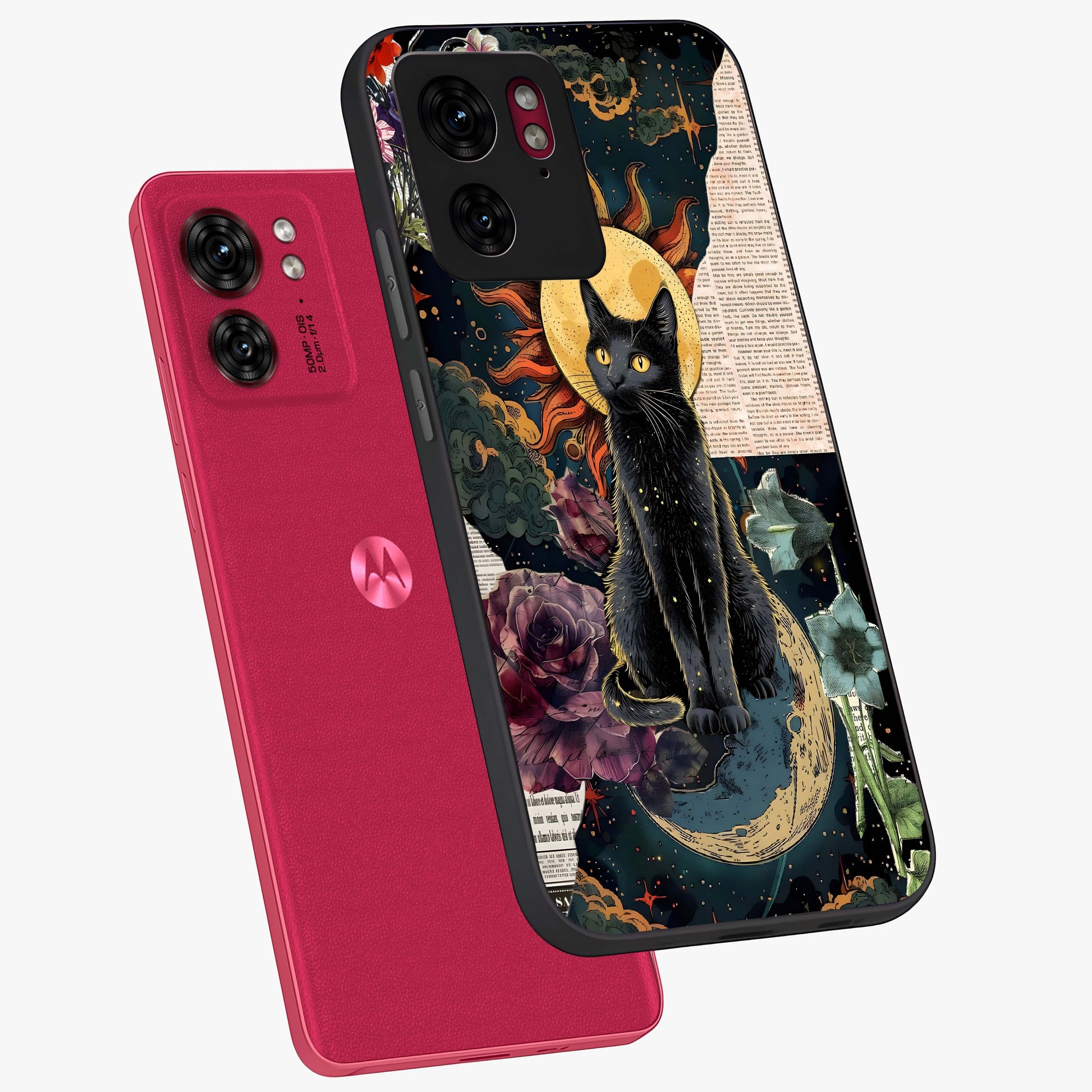 Celestial Black Cat Glass Case displayed in angled mockup highlighting cosmic black cat design with celestial aesthetic.