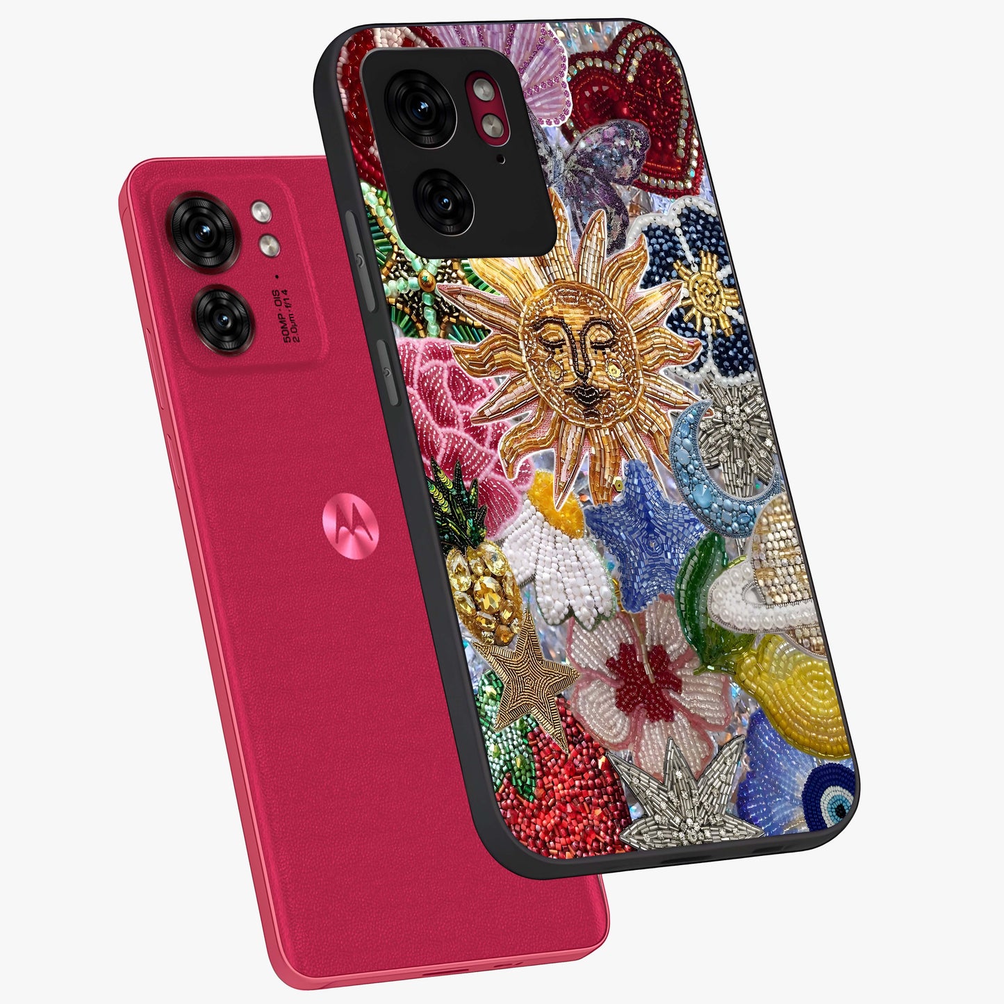 Celestial Floral and Playful Glass Case displayed in angled mockup highlighting playful floral design with dreamy celestial elements.