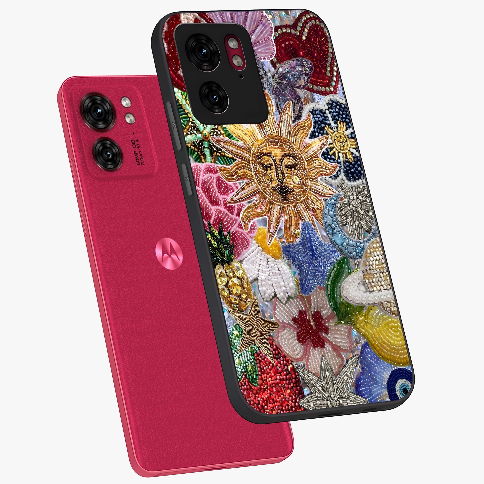 Celestial Floral and Playful Glass Case displayed in angled mockup highlighting playful floral design with dreamy celestial elements.