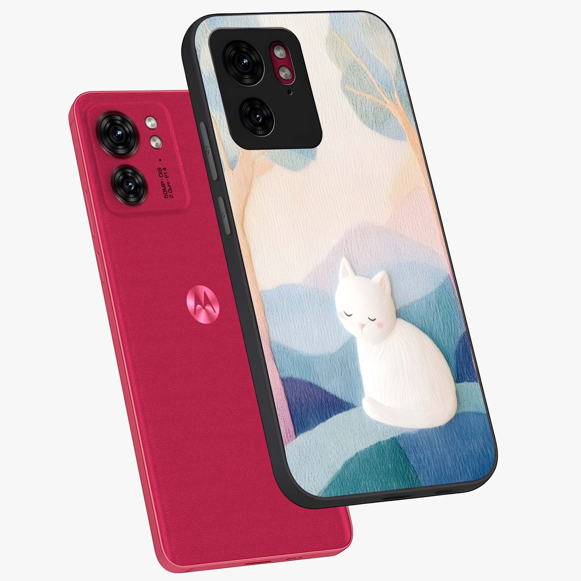 Cotton Dream Cat Glass Case displayed in angled mockup highlighting cute feline illustration with pastel aesthetic style.